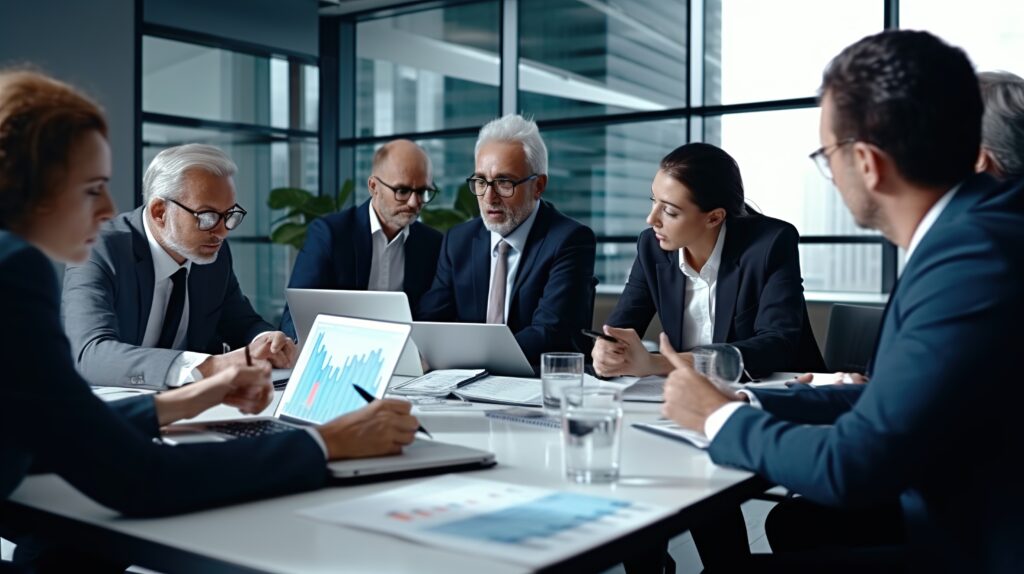 executives discussing IT risk assessment results during a strategy meeting
