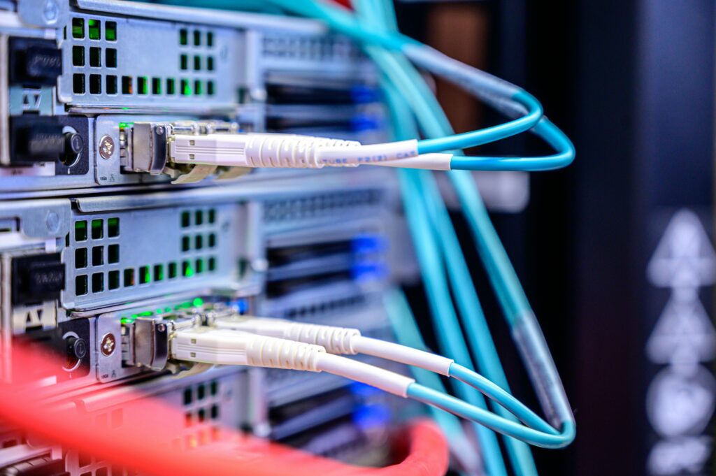 Hybrid Cloud Security close-up of network cables connected to a server