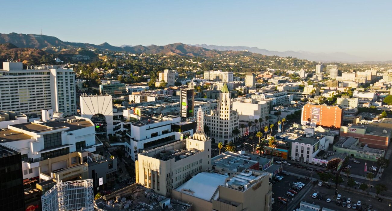 Aerial view of Hollywood, CA business district for companies comparing cybersecurity companies in Hollywood.