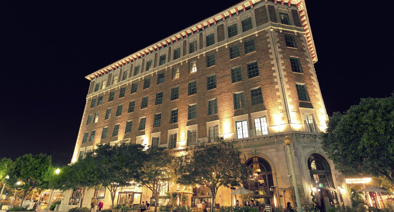 Downtown Culver City hotel and business district at night for managed IT services in Culver City.