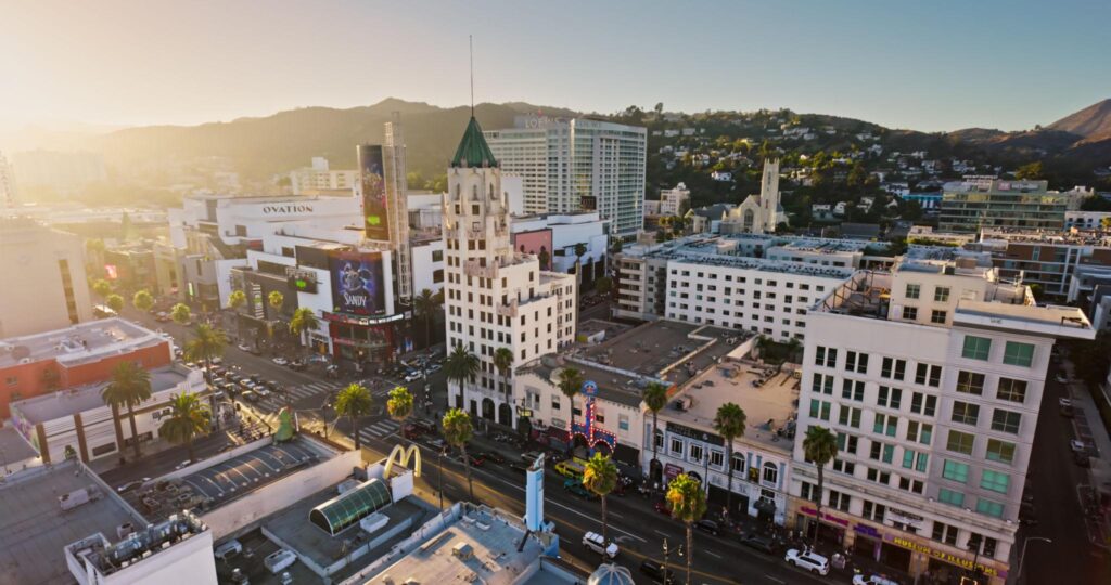 Hollywood Boulevard aerial view near local businesses searching for top cybersecurity companies in Hollywood, CA.