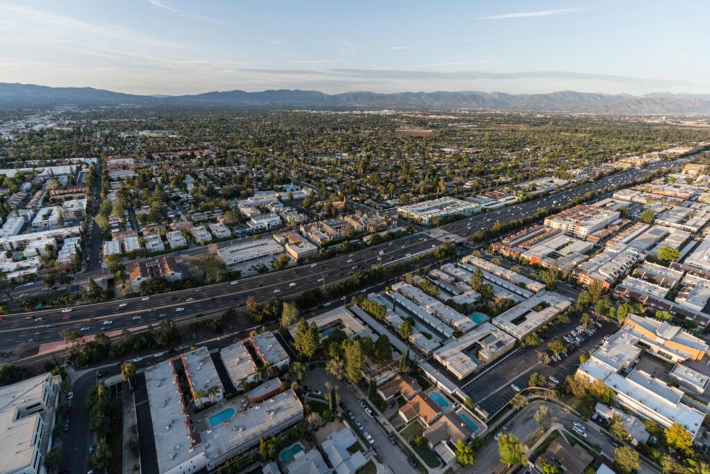 Aerial view of Encino, CA and the 101 Freeway near local businesses needing reliable IT support.