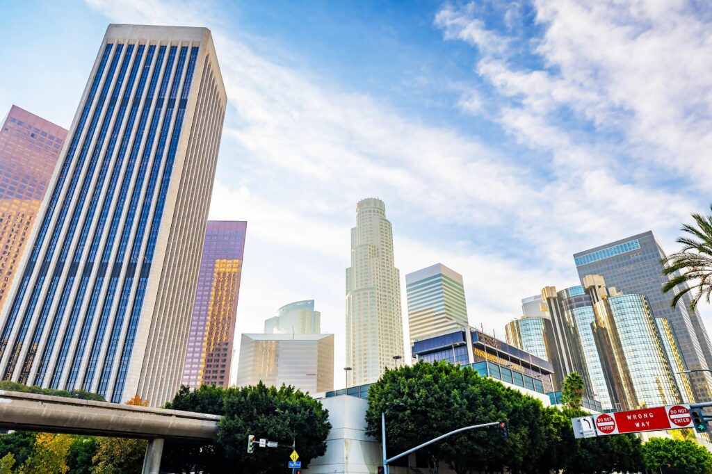Downtown Los Angeles skyline at sunset for businesses comparing top IT support companies in Downtown Los Angeles, CA
