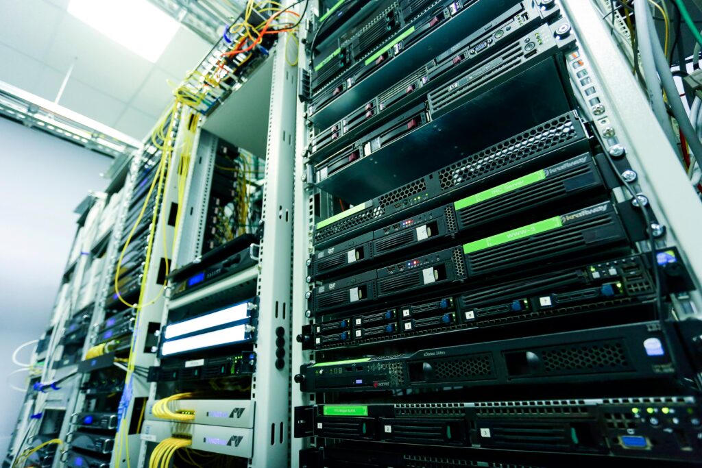 Server racks and network equipment representing IT support companies in Long Beach for business technology management