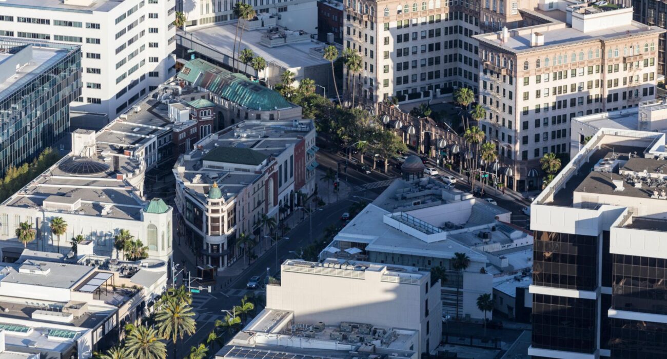 Aerial view of Beverly Hills business district for managed IT services companies in Beverly Hills