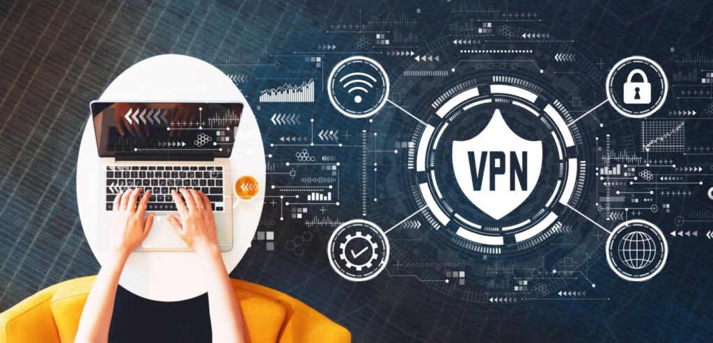 Laptop user with VPN cybersecurity graphic showing secure remote access for managed IT services in West Los Angeles