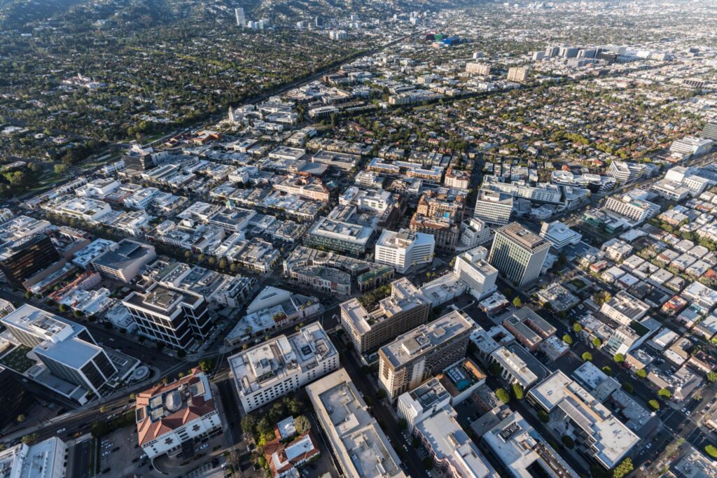 Wide aerial view of Beverly Hills, CA where businesses use managed IT services for secure technology support