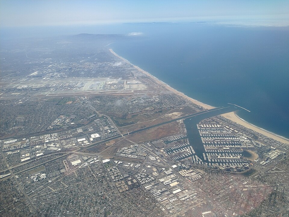 Aerial view of Playa Vista, Marina del Rey, and the Los Angeles coastline near local businesses