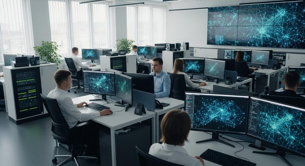 CPA firm using cybersecurity systems to protect sensitive financial data from ransomware and cyber threats in a modern office environment