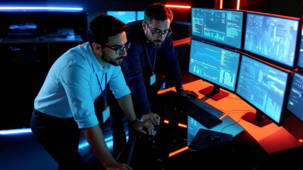 Security analysts monitoring multiple screens in a cybersecurity operations center tracking network threats in real time