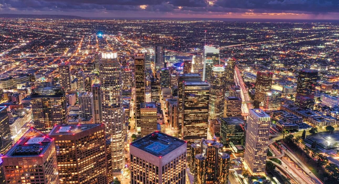Real photograph of the Los Angeles skyline showing downtown skyscrapers and surrounding cityscape with palm trees in California