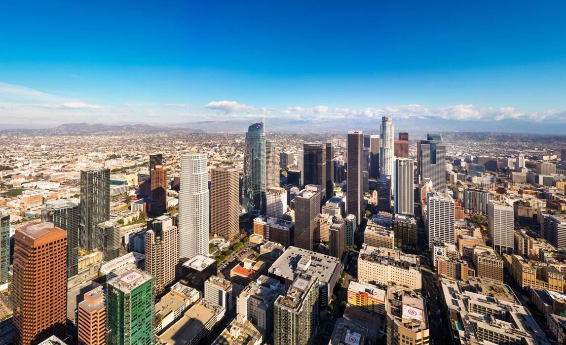 Downtown Los Angeles skyline at sunset illustrating the city’s business and technology environment