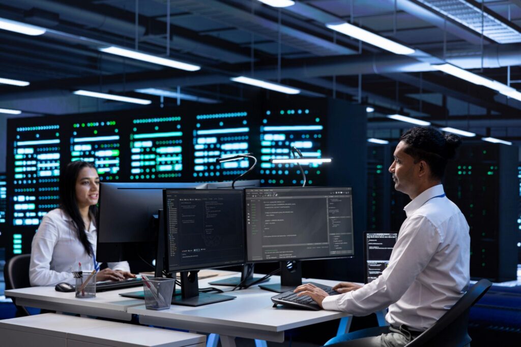IT professionals monitoring servers and business systems for managed IT services in Woodland Hills.