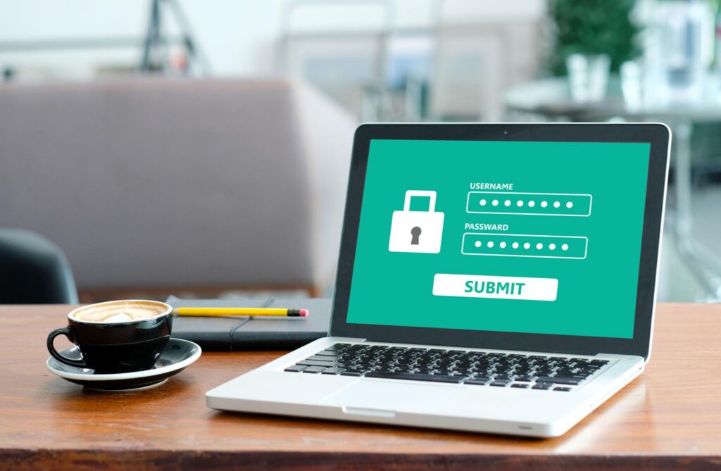 Laptop showing password security screen for Microsoft 365 identity access management in Los Angeles.