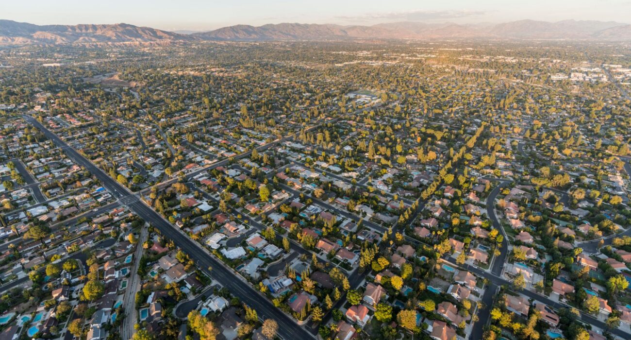 Aerial view of Northridge neighborhoods and the surrounding San Fernando Valley in Los Angeles
