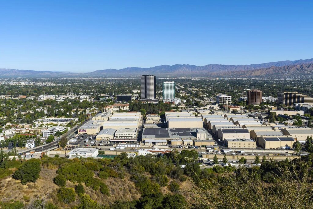 Aerial view of Burbank business district for companies looking for IT support in Burbank
