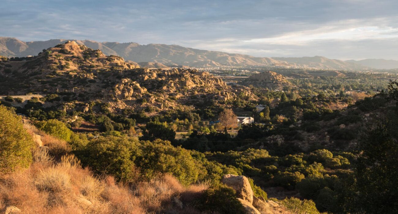 Scenic view of the rocky hills and surrounding landscape in Chatsworth, California