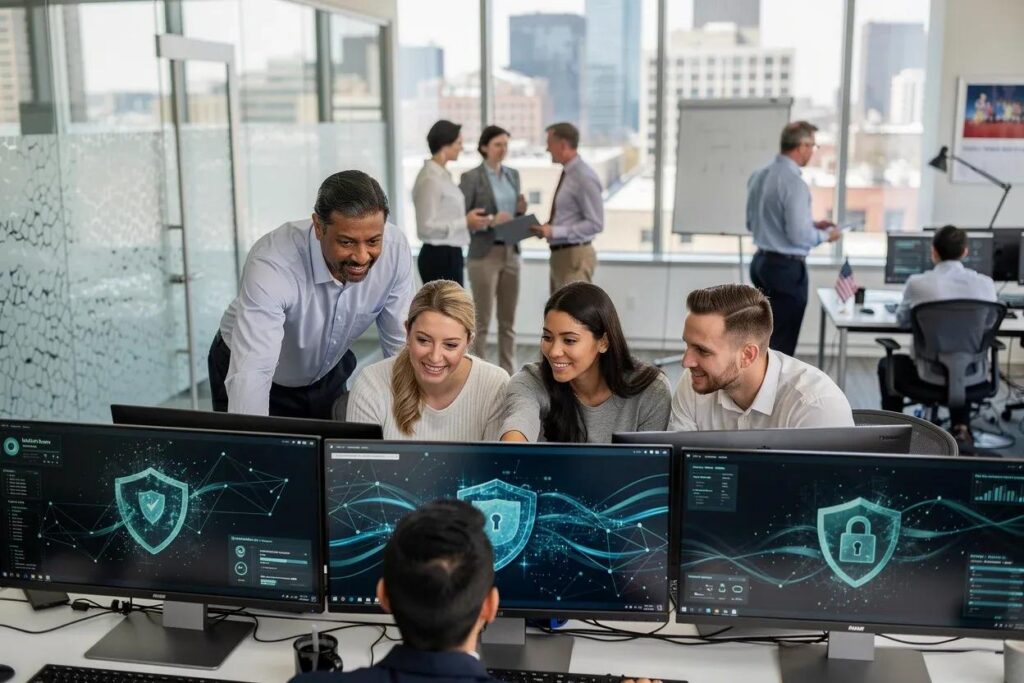 IT professionals monitoring cybersecurity systems and providing managed IT services for a Calabasas business.