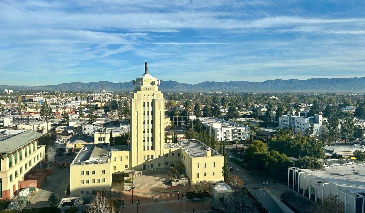 Aerial view of Van Nuys City Hall and the surrounding business district in Los Angeles