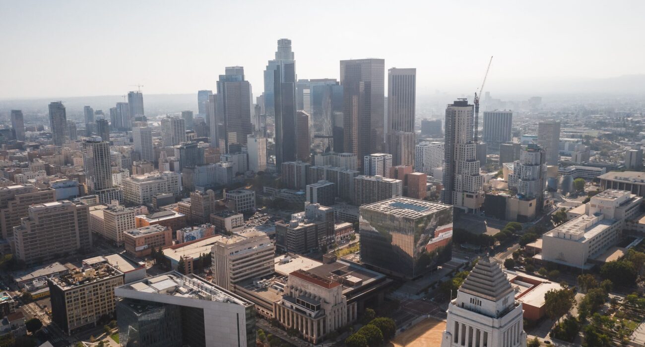 Downtown Los Angeles skyline and commercial buildings representing architecture firms and businesses needing reliable IT support.