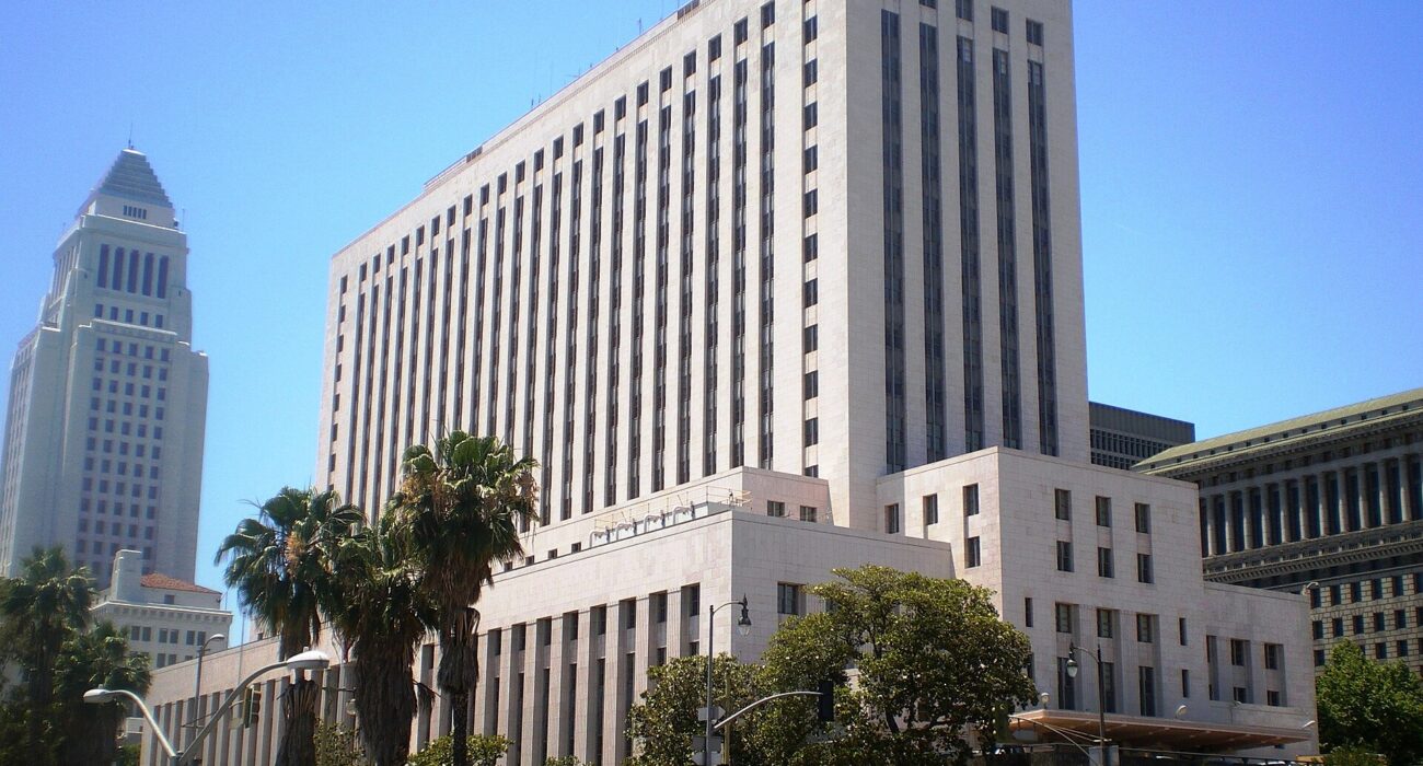 Federal courthouse building in downtown Los Angeles under a clear blue sky